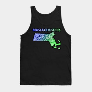 Colorful mandala art map of Massachusetts with text in blue and green Tank Top